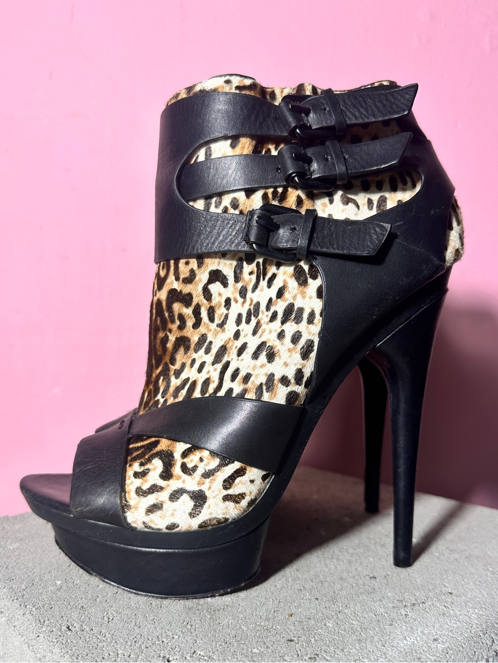 L.A.M.B. Black Leather & Leopard Print Platform Stiletto Sandals